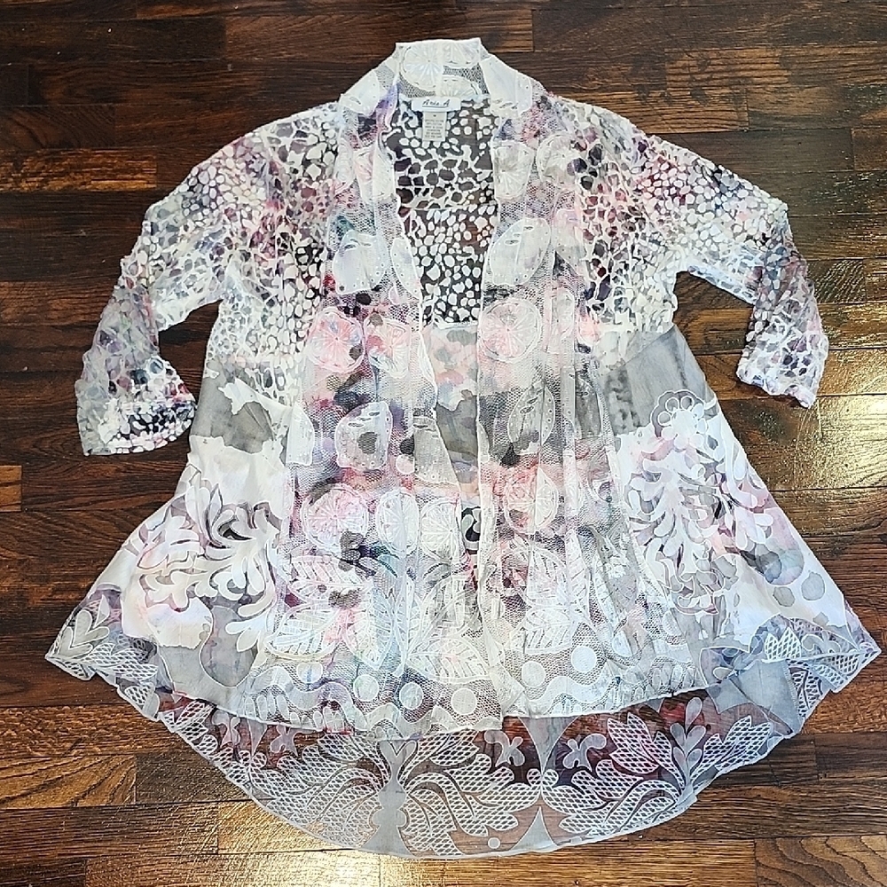 Aria Pink and Grey Sheer Lace 1/2 Cardigan Boho Girlhood Fairy Garden Wedding MD